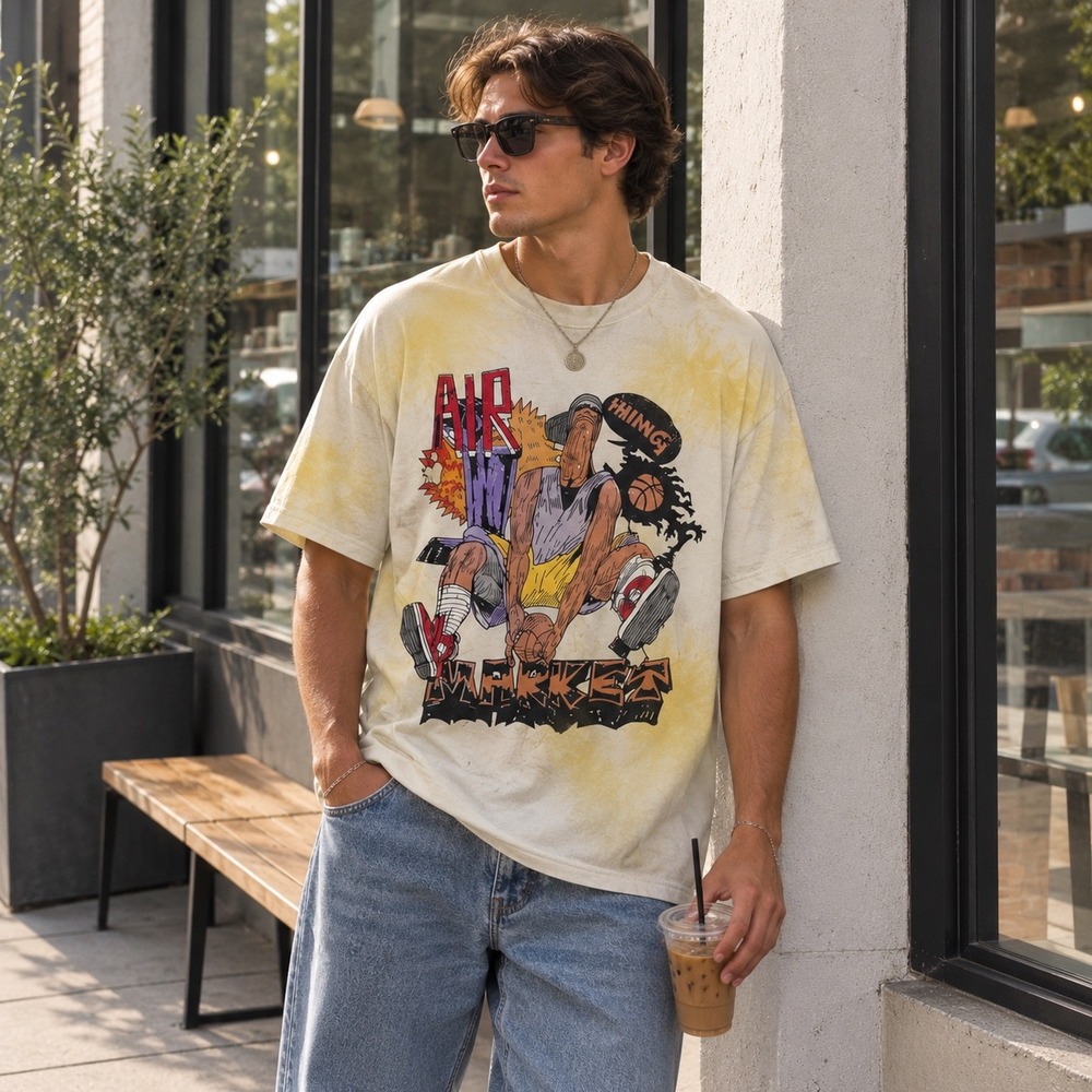 Market Mens Basketball Graphic Tie Dye T-Shirt Yellow White Size M Streetwear